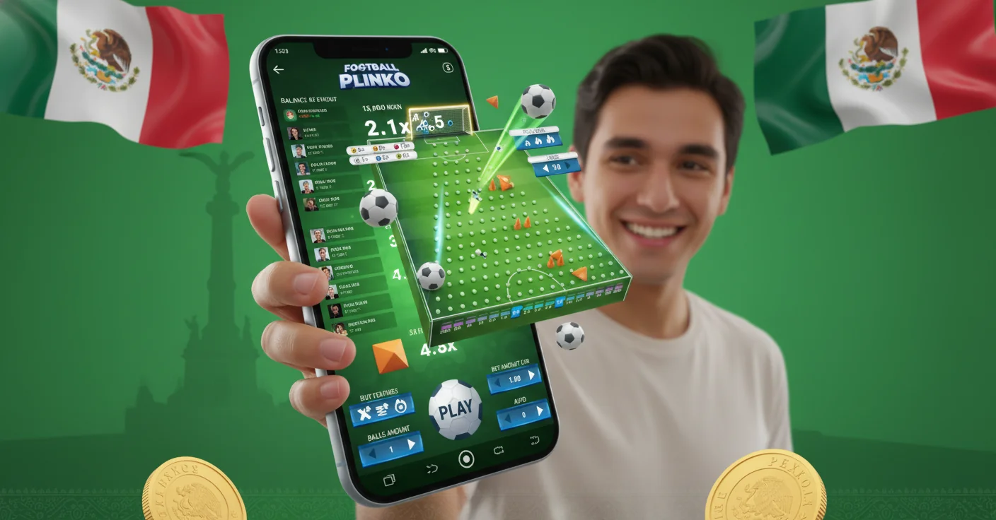 Interfaz del demo de Plinko mostrando saldo virtual, selector de riesgo y la bola cayendo por el tablero