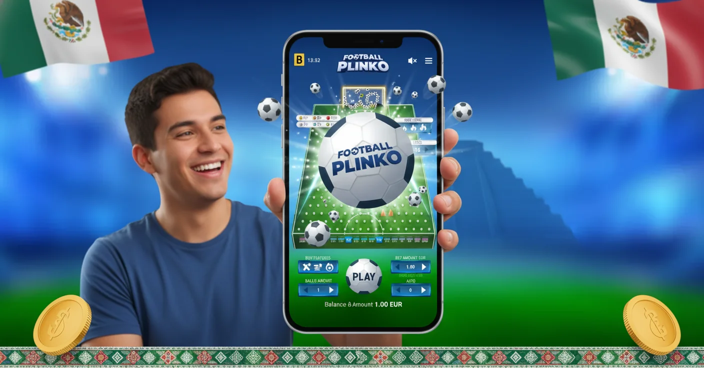Interfaz de Plinko con el tablero de clavijas, la bola cayendo y el panel de apuesta con niveles de riesgo y filas